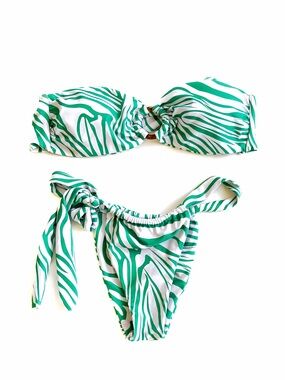Green & White Zebra-Print Bandeau Bikini Set